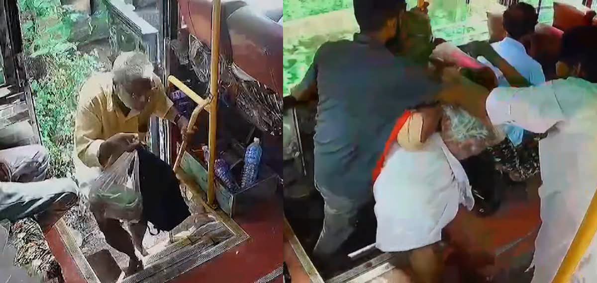 ബസിലേക്ക് കയറുന്നതിനിടെ കാലിടറി, യാത്രക്കാരന് രക്ഷകനായി ക്ലീനര്‍