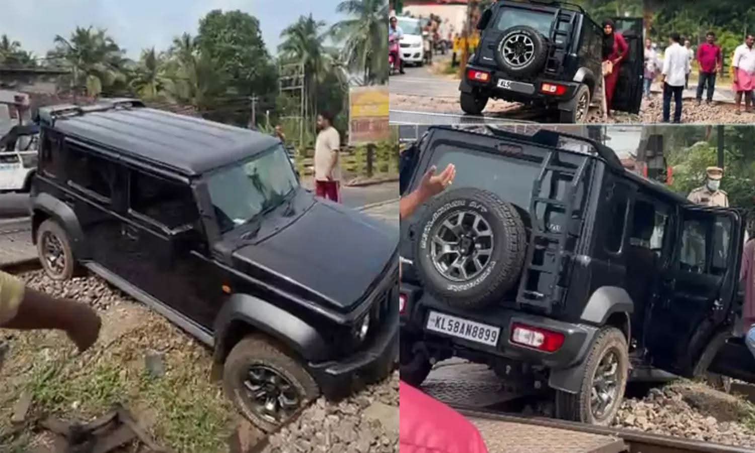 റെയില്‍വേ ഗേറ്റ് അടയ്ക്കുന്നതിനിടെ കടന്നുപോകാൻ ശ്രമിച്ച ജീപ്പ് പാളത്തില്‍ കുടുങ്ങി